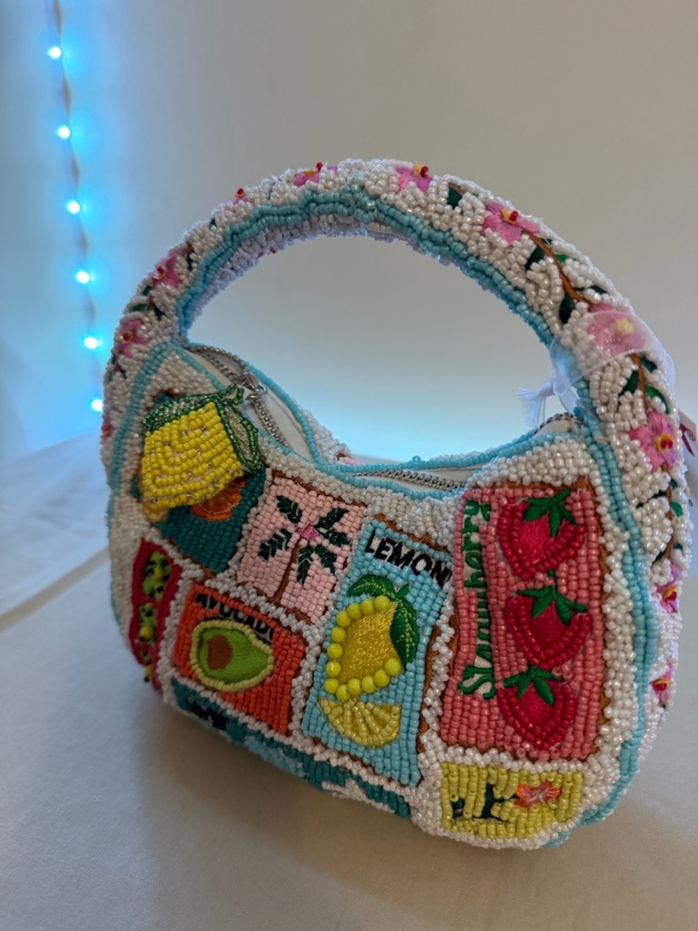 Beaded Fruit Patch Shoulder Bag - White & Aqua - Picture 2 of 5